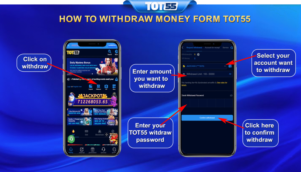 how to withdraw money tot55 game