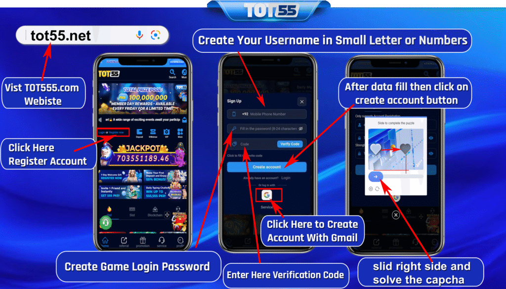 Register steps of tot55 game app